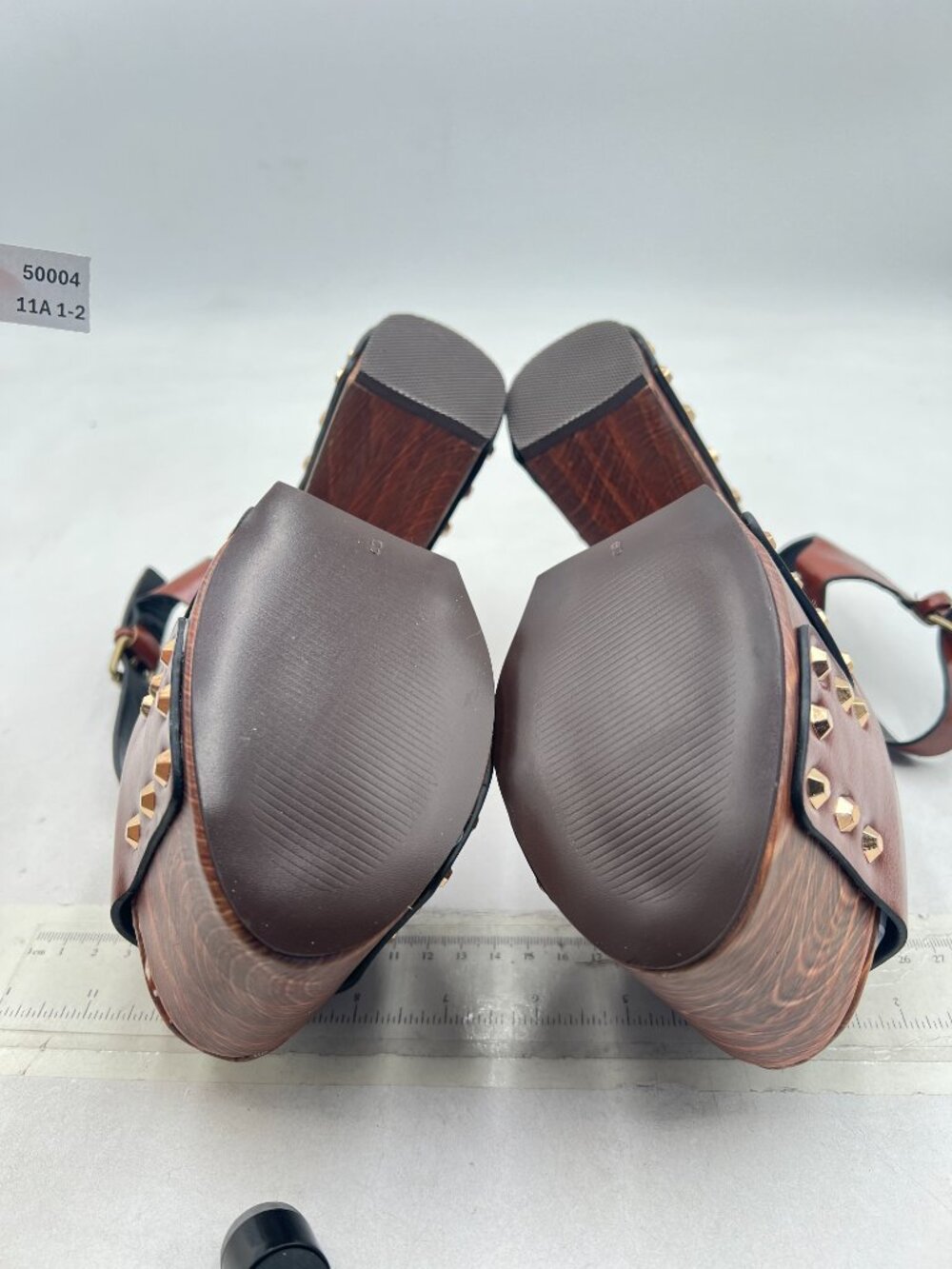 XYD Brown Wooden Block Chunky Heeled Platform Bronzed Studs Open Toe Sandals - Picture 7 of 8
